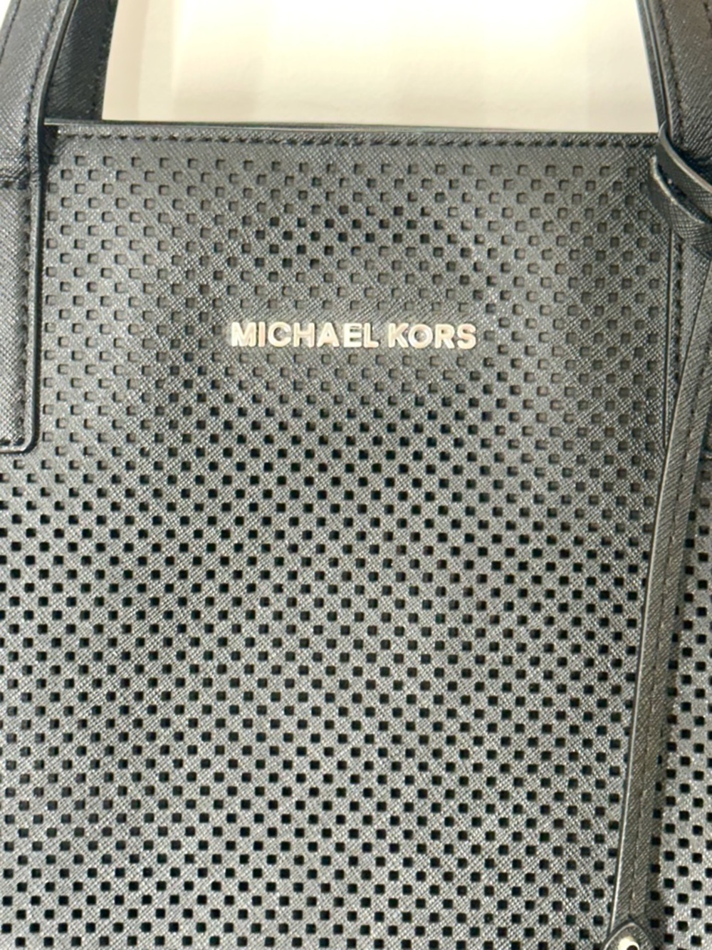 NWOT Michael Kors Black Perforated Tote Bag Large MK Charm Logo Shoulder Handbag - Picture 3 of 8